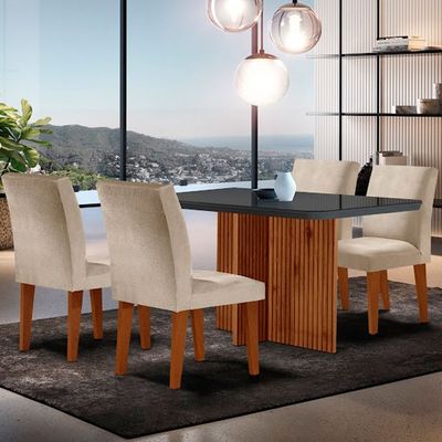 Sala de Jantar Mesa Olimpia 120 MDF Vidro Canto Copo com 4 Cadeiras Grecia Creme/Grafite/Imbuia Ripado