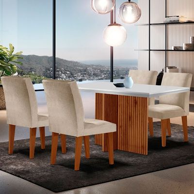Sala de Jantar Mesa Olimpia 120 MDF Canto Reto com 4 Cadeiras Grecia Creme/Off White/Imbuia Ripado