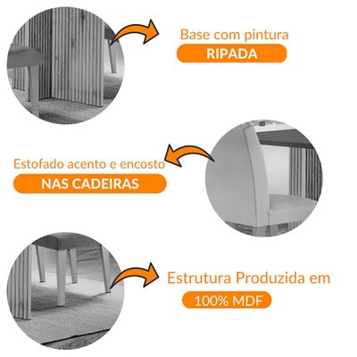 Sala de Jantar Mesa Olimpia 120 MDF Canto Reto com 4 Cadeiras Grecia Creme/Off White/Imbuia Ripado