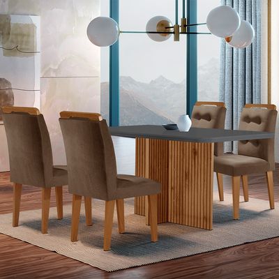 Sala de Jantar Mesa Olímpia 120CM MDF Canto Copo com 4 Cadeiras Carol Moderna Marrom, Grafite e Imbuia