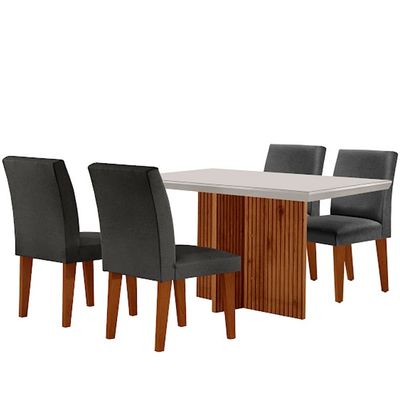 Sala de Jantar Mesa Olimpia 120  MDF Vidro Canto Reto Com 4 Cadeiras Grecia Grafite/Off White/Imbuia Ripado