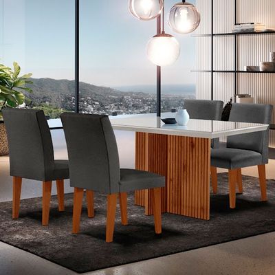 Sala de Jantar Mesa Olimpia 120  MDF Vidro Canto Reto Com 4 Cadeiras Grecia Grafite/Off White/Imbuia Ripado