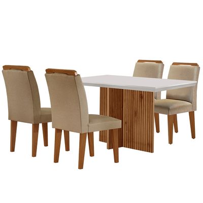Sala de Jantar Mesa Olimpia 120CM MDF Canto Reto com 4 Cadeiras Athenas Moderna Turim / Off White / Imbuia