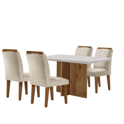 Sala de Jantar Mesa Olimpia 120CM MDF Canto Reto com 4 Cadeiras Athenas Moderna Creme, Off White e Imbuia