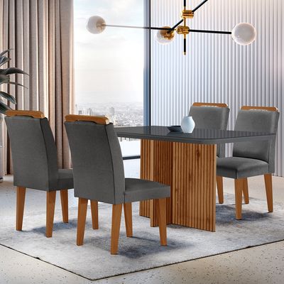 Sala de Jantar Mesa Olímpia 120CM MDF Vidro Canto Copo com 4 Cadeiras Athenas Moderna Grafite com Imbuia