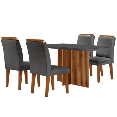 Sala de Jantar Mesa Olímpia 120CM MDF Vidro Canto Copo com 4 Cadeiras Athenas Moderna Grafite com Imbuia