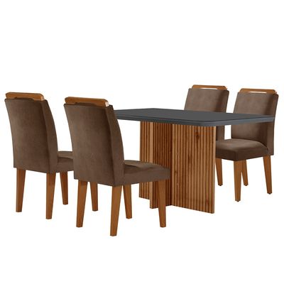 Sala de Jantar Mesa Olímpia 120CM MDF Vidro Canto Copo com 4 Cadeiras Athenas Moderna Marrom, Grafite e Imbuia
