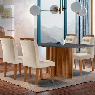 Sala de Jantar Mesa Olímpia 120CM MDF Canto Copo com 4 Cadeiras Carol Moderna Creme, Grafite e Imbuia