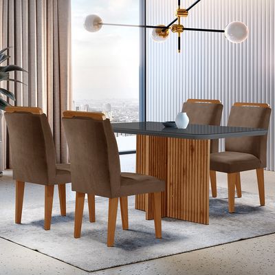 Sala de Jantar Mesa Olímpia 120CM MDF Vidro Canto Copo com 4 Cadeiras Athenas Moderna Marrom, Grafite e Imbuia