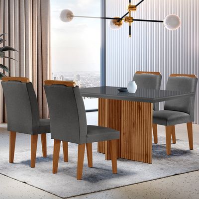 Sala de Jantar Mesa Olímpia 120CM MDF Vidro Canto Reto com 4 Cadeiras Athenas Moderna Grafite com Imbuia