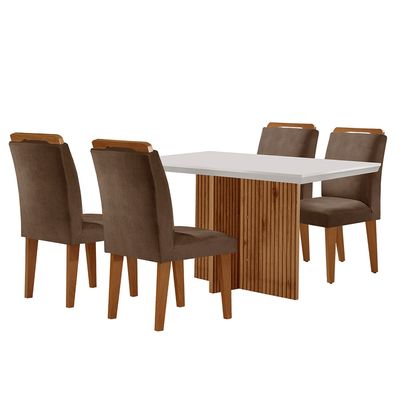 Sala de Jantar Mesa Olimpia 120CM MDF Canto Reto com 4 Cadeiras Athenas Moderna Marrom, Off White e Imbuia