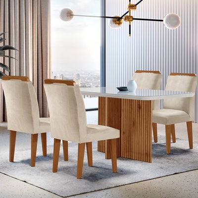 Sala de Jantar Mesa Olímpia 120CM MDF Vidro Canto Copo com 4 Cadeiras Athenas Moderna Creme, Off White e Imbuia