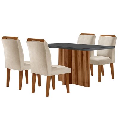 Sala de Jantar Mesa Olímpia 120CM MDF Vidro Canto Copo com 4 Cadeiras Athenas Moderna Creme, Grafite e Imbuia