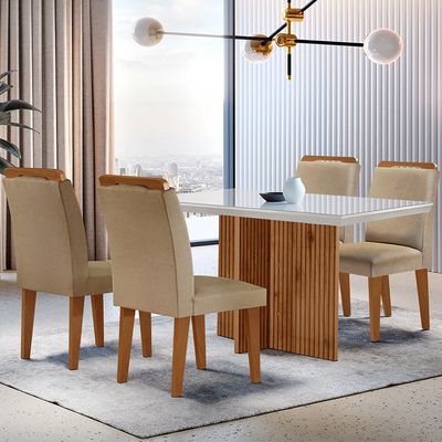 Sala de Jantar Mesa Olimpia 120CM MDF Vidro Canto Reto com 4 Cadeiras Athenas Moderna Turim / Off White / Imbuia