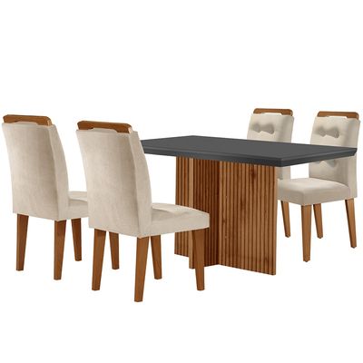 Sala de Jantar Mesa Olímpia 120CM MDF Vidro Canto Reto com 4 Cadeiras Carol Moderna Creme, Grafite e Imbuia