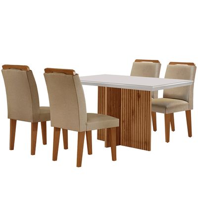 Sala de Jantar Mesa Olimpia 120CM MDF Vidro Canto Reto com 4 Cadeiras Athenas Moderna Turim / Off White / Imbuia