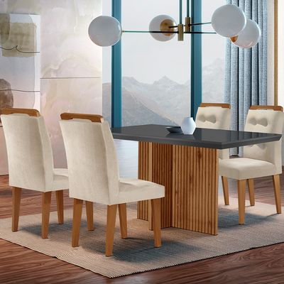 Sala de Jantar Mesa Olímpia 120CM MDF Vidro Canto Reto com 4 Cadeiras Carol Moderna Creme, Grafite e Imbuia