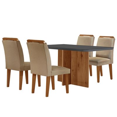 Sala de Jantar Mesa Olímpia 120CM MDF Vidro Canto Copo com 4 Cadeiras Athenas Moderna Turim / Grafite / Imbuia