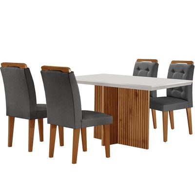Sala de Jantar Mesa Olímpia 120CM MDF Canto Reto com 4 Cadeiras Carol Moderna Grafite, Off White e Imbuia