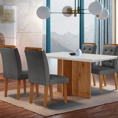 Sala de Jantar Mesa Olímpia 120CM MDF Canto Reto com 4 Cadeiras Carol Moderna Grafite, Off White e Imbuia
