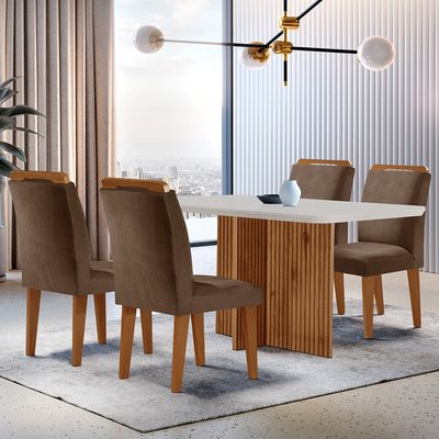 Sala de Jantar Mesa Olimpia 120CM MDF Canto Reto com 4 Cadeiras Athenas Moderna Marrom, Off White e Imbuia
