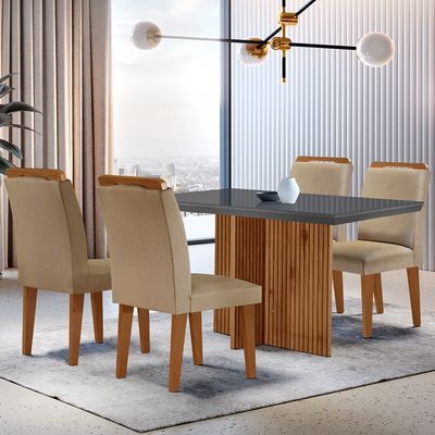 Sala de Jantar Mesa Olímpia 120CM MDF Vidro Canto Reto com 4 Cadeiras Athenas Moderna Turim / Grafite / Imbuia