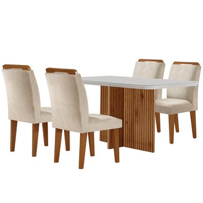 Sala de Jantar Mesa Olímpia 120CM MDF Vidro Canto Copo com 4 Cadeiras Athenas Moderna Creme, Off White e Imbuia