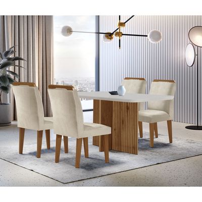 Sala de Jantar Mesa Olimpia 120CM MDF Canto Reto com 4 Cadeiras Athenas Moderna Creme, Off White e Imbuia