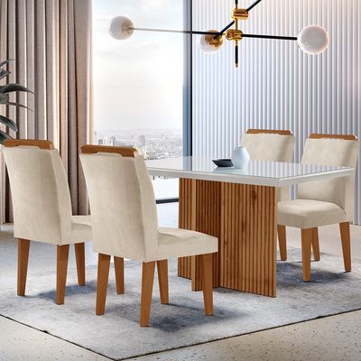 Sala de Jantar Mesa Olimpia 120CM MDF Vidro Canto Reto com 4 Cadeiras Athenas Moderna Creme, Off White e Imbuia