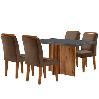 Sala de Jantar Mesa Olímpia 120CM MDF Vidro Canto Reto com 4 Cadeiras Athenas Moderna Marrom, Grafite e Imbuia