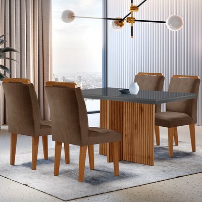 Sala de Jantar Mesa Olímpia 120CM MDF Vidro Canto Reto com 4 Cadeiras Athenas Moderna Marrom, Grafite e Imbuia
