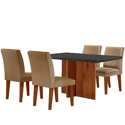 Sala de Jantar Mesa Olimpia 120mm MDF Vidro Canto Reto com 4 Cadeiras Grecia Turim/Grafite/Imbuia Ripado
