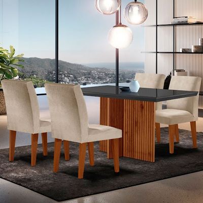 Sala de Jantar Mesa Olimpia 120mm MDF Vidro Canto Reto com 4 Cadeiras Grecia Creme/Grafite/Imbuia Ripado