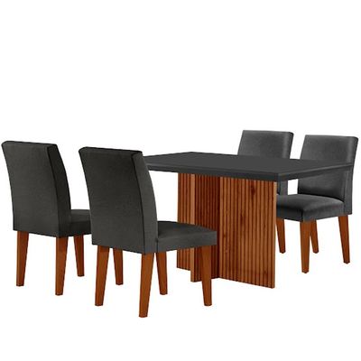Sala de Jantar Mesa Olimpia 120mm MDF Vidro Canto Reto com 4 Cadeiras Grecia Grafite/Grafite/Imbuia Ripado