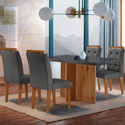 Sala de Jantar Mesa Olímpia 120CM MDF Vidro Canto Reto com 4 Cadeiras Carol Moderna Grafite com Imbuia