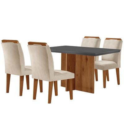 Sala de Jantar Mesa Olímpia 120CM MDF Vidro Canto Reto com 4 Cadeiras Athenas Moderna Creme, Grafite e Imbuia