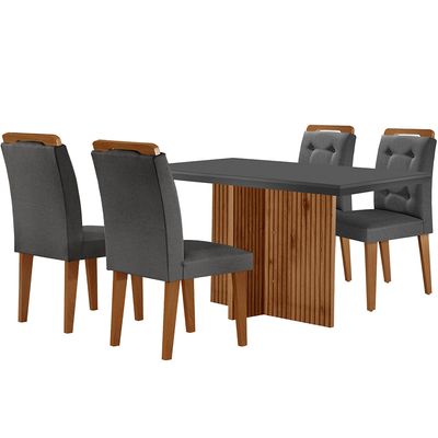 Sala de Jantar Mesa Olímpia 120CM MDF Vidro Canto Reto com 4 Cadeiras Carol Moderna Grafite com Imbuia