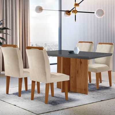Sala de Jantar Mesa Olímpia 120CM MDF Vidro Canto Reto com 4 Cadeiras Athenas Moderna Creme, Grafite e Imbuia