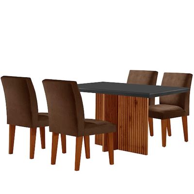 Sala de Jantar Mesa Olimpia 120mm MDF Vidro Canto Reto com 4 Cadeiras Grecia Marrom/Grafite/Imbuia Ripado