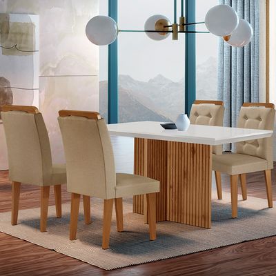 Sala de Jantar Mesa Olímpia 120CM MDF Canto Reto com 4 Cadeiras Carol Moderna Turim / Off White / Imbuia