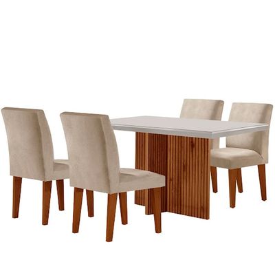 Sala de Jantar Mesa Olimpia 120  MDF Vidro Canto Reto Com 4 Cadeiras Grecia Creme/Off White/Imbuia Ripado
