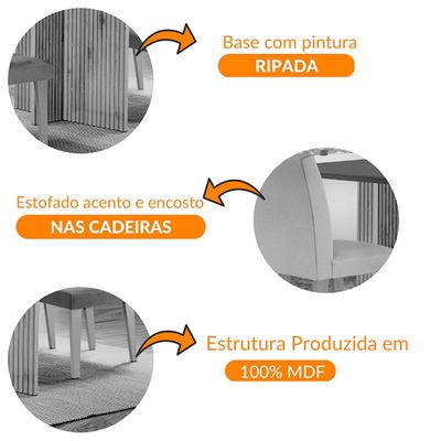 Sala de Jantar Mesa Olimpia 120  MDF Vidro Canto Reto Com 4 Cadeiras Grecia Creme/Off White/Imbuia Ripado