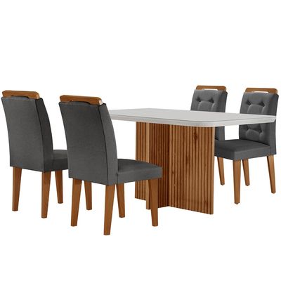 Sala de Jantar Mesa Olímpia 120CM MDF Vidro Canto Copo com 4 Cadeiras Carol Moderna Grafite, Off White e Imbuia