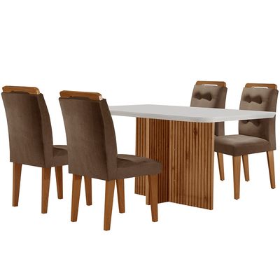 Sala de Jantar Mesa Olímpia 120CM MDF Canto Copo com 4 Cadeiras Carol Moderna Marrom, Off White e Imbuia