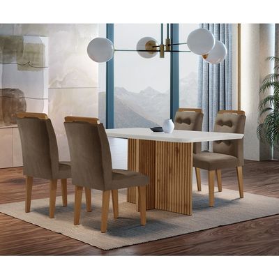 Sala de Jantar Mesa Olímpia 120CM MDF Canto Copo com 4 Cadeiras Carol Moderna Marrom, Off White e Imbuia