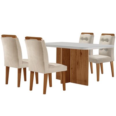 Sala de Jantar Mesa Olímpia 120CM MDF Vidro Canto Copo com 4 Cadeiras Carol Moderna Creme, Off White e Imbuia