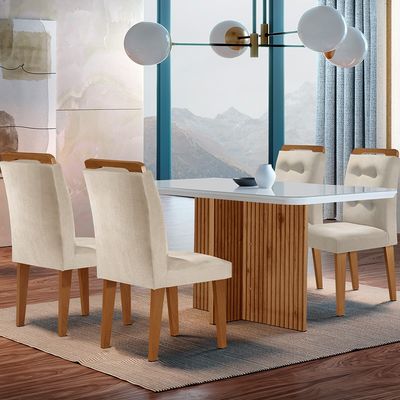 Sala de Jantar Mesa Olímpia 120CM MDF Vidro Canto Copo com 4 Cadeiras Carol Moderna Creme, Off White e Imbuia