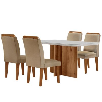 Sala de Jantar Mesa Olímpia 120CM MDF Vidro Canto Copo com 4 Cadeiras Athenas Moderna Turim / Off White / Imbuia