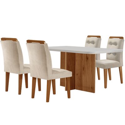 Sala de Jantar Mesa Olímpia 120CM MDF Canto Copo com 4 Cadeiras Carol Moderna Creme, Off White e Imbuia