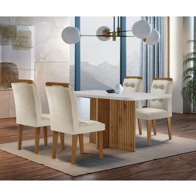 Sala de Jantar Mesa Olímpia 120CM MDF Canto Copo com 4 Cadeiras Carol Moderna Creme, Off White e Imbuia
